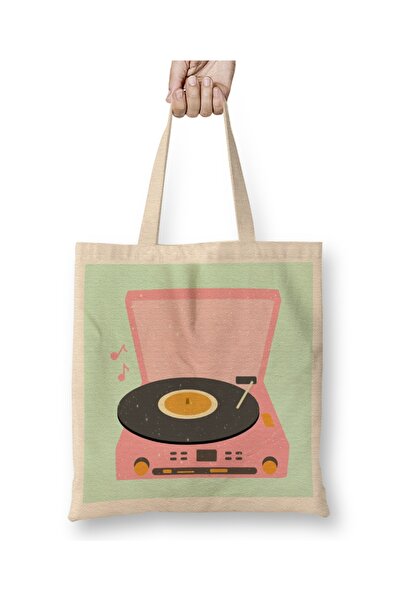Baskı Dükkanı Roze vintage gramofon 01 tkanina Torba duga Sa ručkom