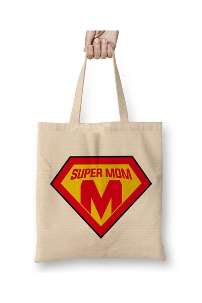 Baskı Dükkanı Superhero Super Mom Süperanne 01 υφασμάτινη τσάντα με μακριά λαβή