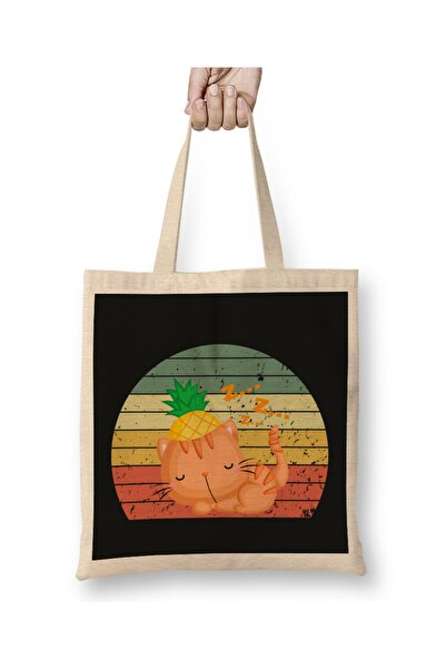 Baskı Dükkanı Ananas i mačka retro vintage tkanina Torba duga Sa ručkom