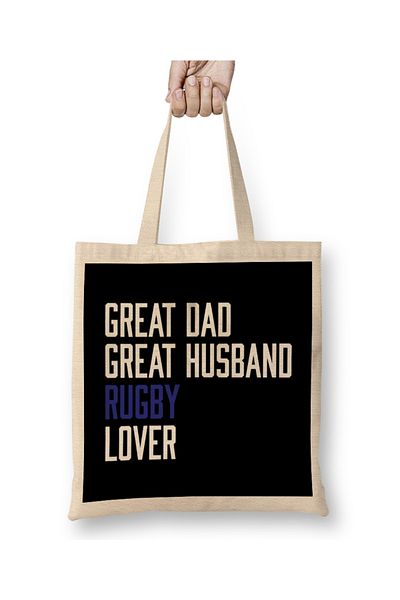 Baskı Dükkanı Fathers Day Great Dad Great Husband Rugby Lover υφασμάτινη τσάντα με μακριά λαβή