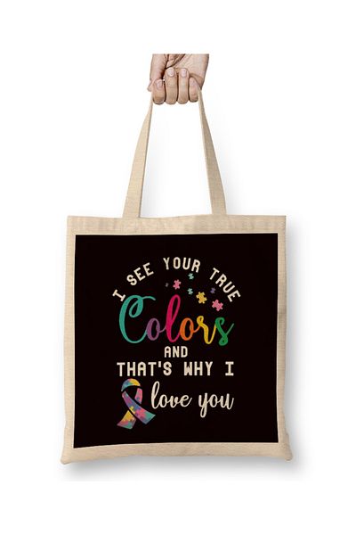 Baskı Dükkanı True Autism Colors Κορδέλα Αυτιστικής Ευαισθητοποίησης Ειδικές Ανάγκες Υφασμάτινη Τσάντα Μακριά Λαβή