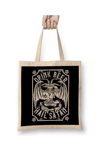 Baskı Dükkanı Πιείτε μπύρα Hail Satan I Satanic Baphomet I Pentagram Occult Design υφασμάτινη τσάντα με μακριά λαβή