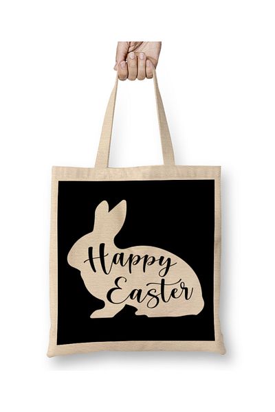 Baskı Dükkanı Happy Easter Egg Bunny Rabbit Geantă din pânză cu mâner lung