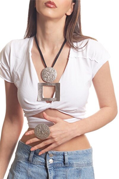 LABALABA Kadın Antik Gümüş Kaplama Geometrik Parçalı Tasarım İp Kolye & Yüzük...