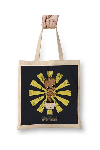 Baskı Dükkanı Geantă din pânză Baby Groot Retro Japoneză Guardians Of The Galaxy cu mâner lung
