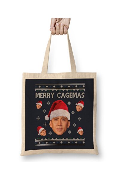 Baskı Dükkanı Srećan Božić Cagemas Nicolas Cage Pletena tkanina Torba Dugačka...