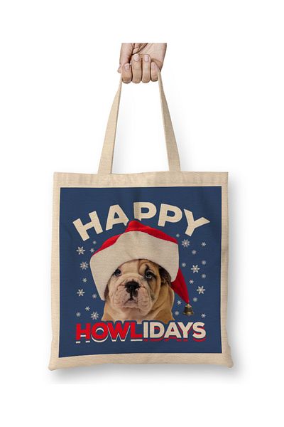 Baskı Dükkanı Happy Howlidays Χριστουγεννιάτικη υφασμάτινη τσάντα σκύλου με μακριά λαβή