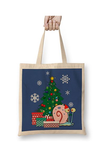 Baskı Dükkanı Gary Around The Christmas Tree Geantă din pânză Spongebob cu mâner lung