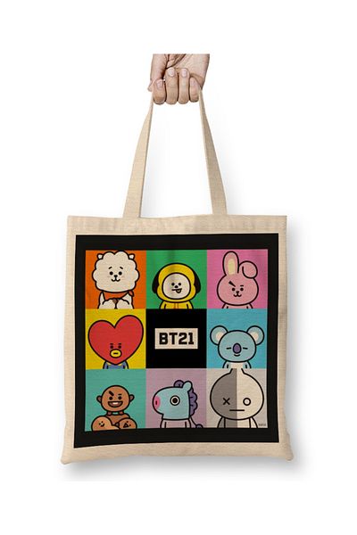 Baskı Dükkanı Υφασμάτινη τσάντα Bts Bt21 Merch Happy Time με μακριά λαβή