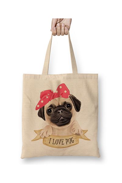 Baskı Dükkanı Geantă din pânză I Love Pug Dog cu mâner lung