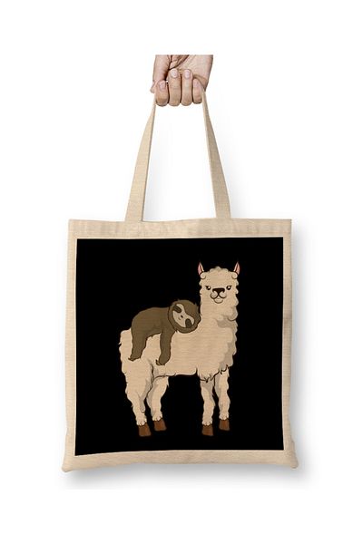 Baskı Dükkanı Sloth Riding Llama Adorabil Fluffy Lama & Sloth Geantă din pânză cu mâner lung