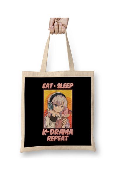 Baskı Dükkanı Χαριτωμένο και αστείο Eat Sleep K-Drama Repeat Κορεατική K Pop υφασμάτινη τσάντα με μακριά λαβή