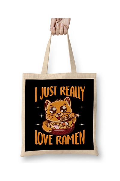 Baskı Dükkanı Χαριτωμένο και αστείο I Just Really Love Ramen Anime Cat υφασμάτινη τσάντα με μακριά λαβή