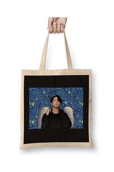 Baskı Dükkanı Bts Kookie Van Gogh Starry Night Angel Bts Army kpop υφασμάτινη τσάντα με μακριά λαβή