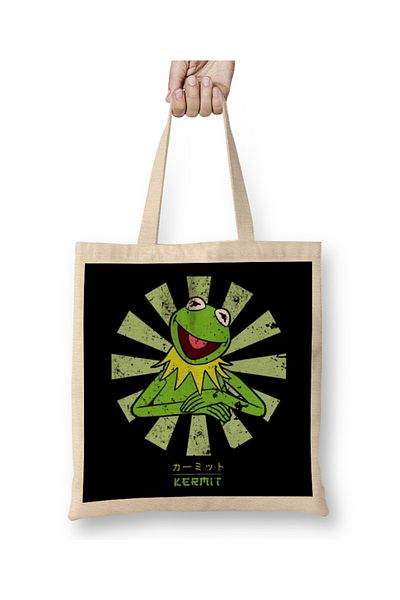 Baskı Dükkanı Kermit The Frog Ρετρό ιαπωνική υφασμάτινη τσάντα με μακριά λαβή