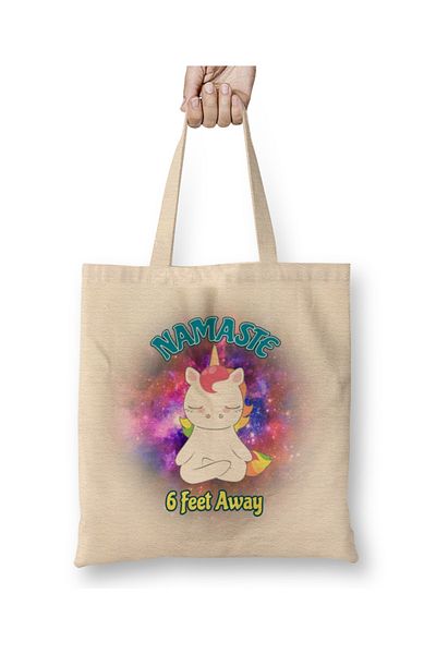 Baskı Dükkanı Namaste 6 Feet Away Unicorn υφασμάτινη τσάντα με μακριά λαβή
