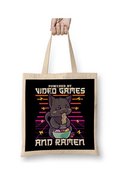 Baskı Dükkanı Powered By Video Games & Ramen Anime Cat υφασμάτινη τσάντα με μακριά λαβή