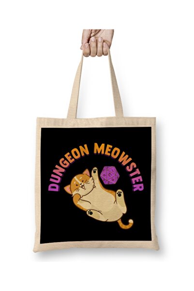 Baskı Dükkanı Funny Dungeon Meowster Fantasy Gaming Pun Cloth Torba Long Sa r...