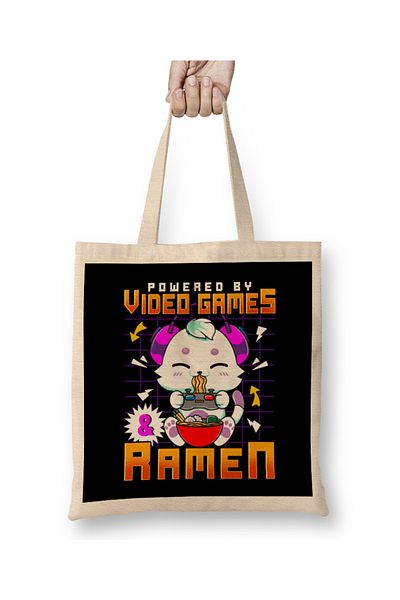 Baskı Dükkanı Powered By Video Games & Ramen Anime Cat Gamer υφασμάτινη τσάντα με μακριά λαβή