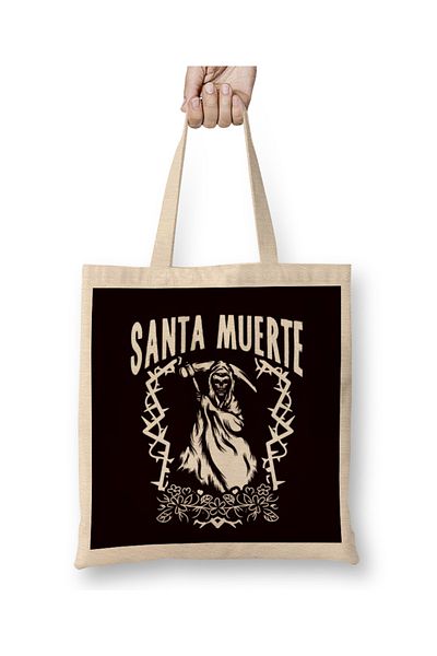 Baskı Dükkanı Santa Muerte Sugar Skull Γυναικείο Θεότητα Νεκρή Σατανική Μεξικάνικη υφασμάτινη τσάντα με μακριά λαβή