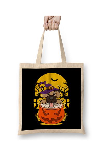 Baskı Dükkanı Halloween Puppy Wizard Cute Dog Obsessed Geantă din pânză cu mâner lung