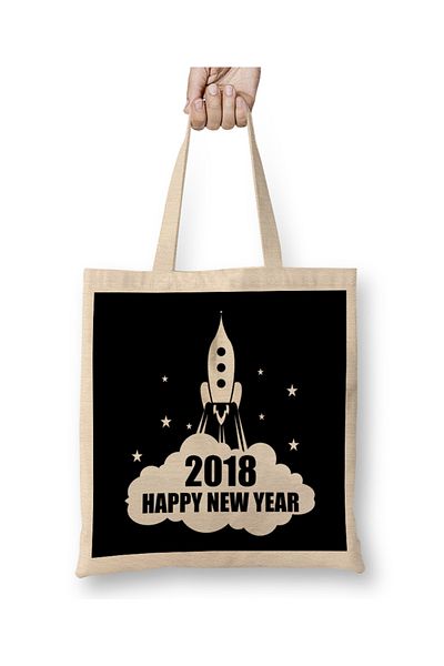 Baskı Dükkanı Happy New Year Rocket 2018 Year of the Dog υφασμάτινη τσάντα με μακριά λαβή