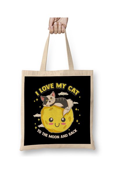 Baskı Dükkanı I Love My Cat To The Moon And Back Cute Kitten υφασμάτινη τσάντα με μακριά λαβή