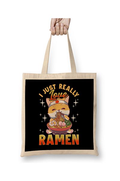 Baskı Dükkanı Kawaii Cat I Just Really Love Ramen Anime Kitty υφασμάτινη τσάντα με μακριά λαβή