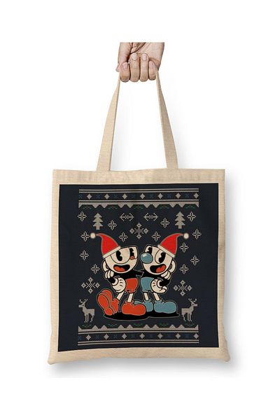 Baskı Dükkanı Cuphead Χριστουγεννιάτικη πλεκτή υφασμάτινη τσάντα με μακριά λαβή