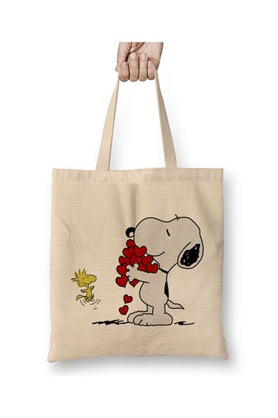 Baskı Dükkanı Snoopy And Woodstock Hugging Love Love υφασμάτινη τσάντα με μακριά λαβή