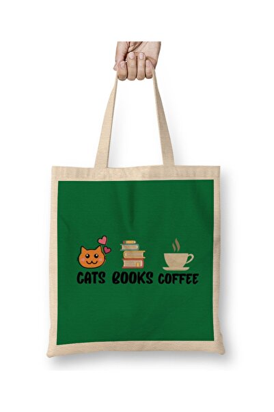 Baskı Dükkanı كتب القهوة القطط حقيبة قماش مقبض طويل