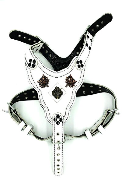 Tasma Market Beyaz Kurt Başlı Deri Köpek Göğüs Tasması Köpek Göğüslük