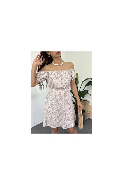 Fav Style Γυναικείο κοντό φόρεμα με λαιμόκοψη και μανίκια με φλοράλ στάμπα σε μπεζ