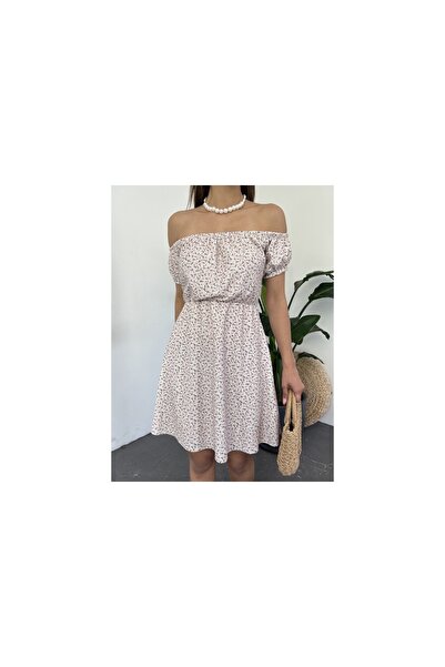 Fav Style Γυναικείο κοντό φόρεμα με λαιμόκοψη και μανίκια με φλοράλ στάμπα σε μπεζ