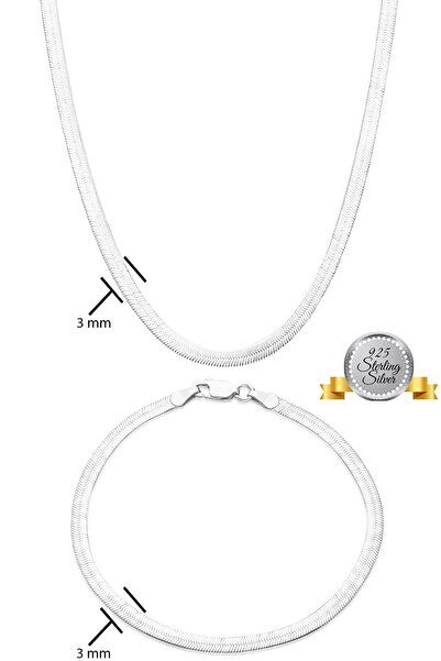 Adal Silver 925 Ayar Gümüş İtalyan Yassı Kolye ve Bileklik Set