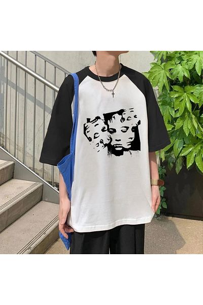 Touz Y2k Face And Eyes White Raglan Sleeve Oversize T-shirt
