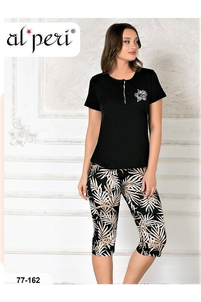 Alperi Set pijama Capri pentru femei cu mânecă scurtă de vară NEGRU