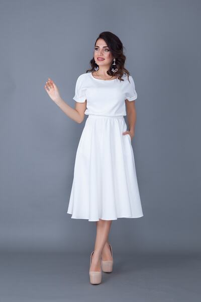 Bidoluelbise Γυναικείο φόρεμα μίντι μήκους με λευκή ελαστική μέση με τσέπες με μανίκια