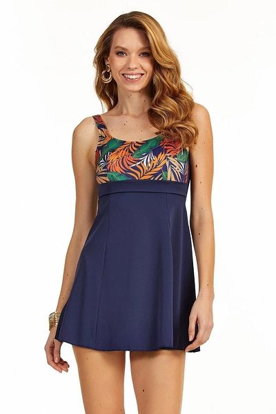Argento Navy Blue Tropical Pattern Dress Swimsuit