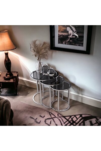 usta mekan Usta Gümüş Metal Füme Cam Zigon Sehpa