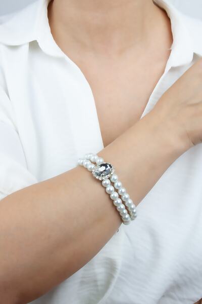 Liveyn Design Crystal Jewelled Glass Pearl Double Row Bracelet