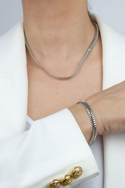 Liveyn Design Scrunch Chain Silver Color Necklace Bracelet Set