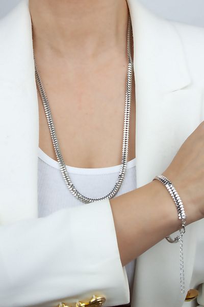 Liveyn Design Scrunch Chain Silver Color Long Necklace Bracelet Set