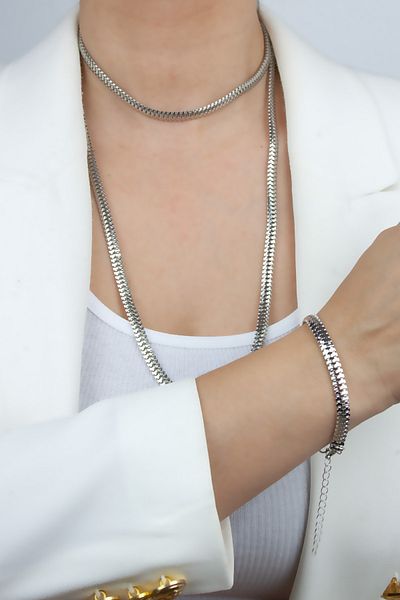 Liveyn Design Scrunch Chain Silver Color Double Necklace Bracelet Set