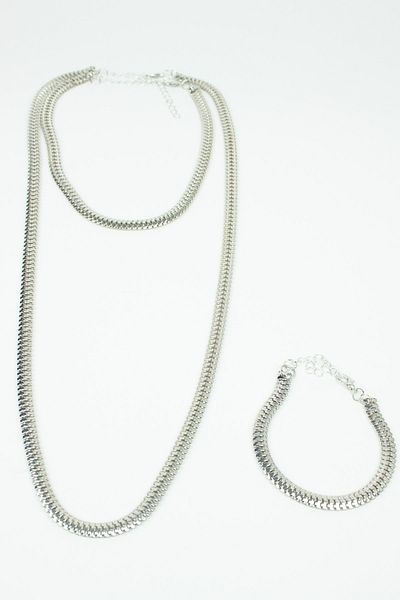 Liveyn Design Scrunch Chain Silver Color Double Necklace Bracelet Set