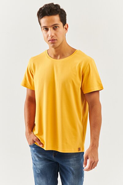 Butikgiz Mustard Oversize Άνετο 100% βαμβακερό χτενισμένο λαιμόκοψη με κοντό μανίκι Basic T-shirt Trendy Collection