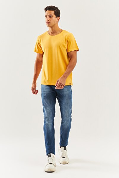 Butikgiz Mustard Oversize Άνετο 100% βαμβακερό χτενισμένο λαιμόκοψη με κοντό μανίκι Basic T-shirt Trendy Collection