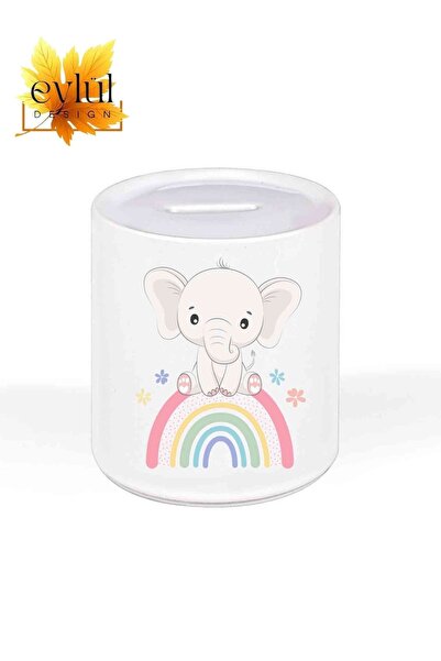 Eylül Design Cute Elephant and Rainbow Special Design Printed Ceramic Piggy B...