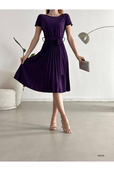 modakyra Legenda Femeie Prune, Rochie din Tesatura Creponata cu Talie Plisata