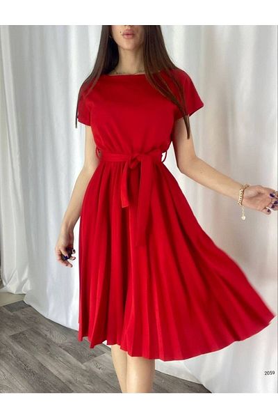 modakyra Rochie legendară din țesătură creponată pentru femei, roșie, cu fustă plisată în talie